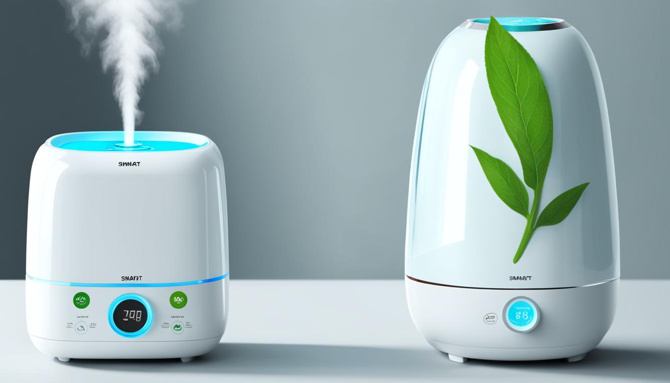 An image that compares the energy efficiency of smart humidifiers and traditional humidifiers in India. Use visual elements to show the difference in energy usage between the two types of humidifiers. Use colors and symbols to represent energy consumption, such as a green leaf for energy-saving features or a red warning sign for high energy usage. Show the environmental impact of using smart vs traditional humidifiers in India.