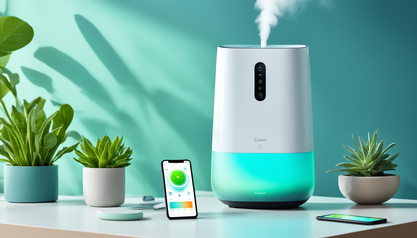 Show a sleek and modern humidifier with a smartphone placed next to it. The app on the phone is displayed, showing the various controls and features that can be adjusted remotely. The room around the humidifier is depicted as comfortably humid with happy plants and people in the background. The color scheme is cool blues and greens, with subtle gradients to add depth and dimension to the image.