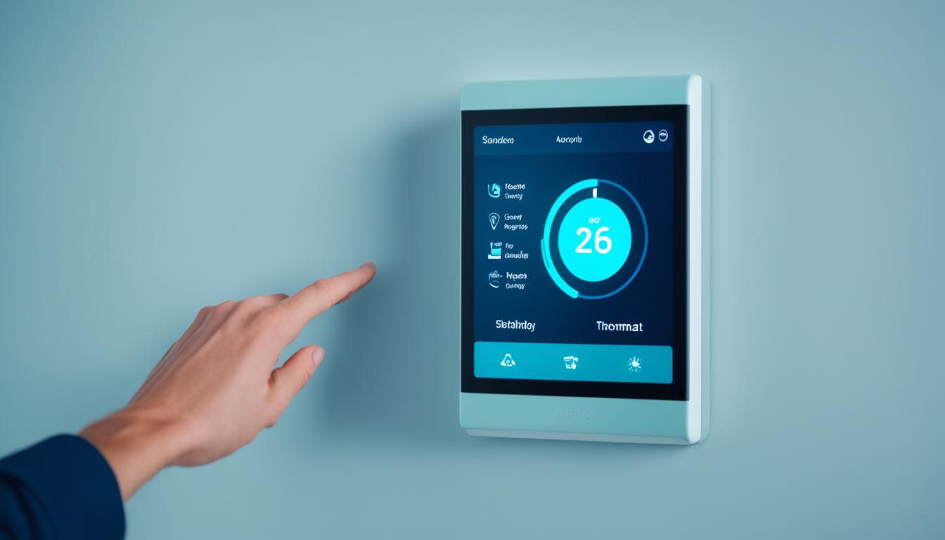 A hand reaching to adjust a smart thermostat on a phone screen, surrounded by icons representing different scheduling options such as daily routines, vacation mode, and energy-saving mode.