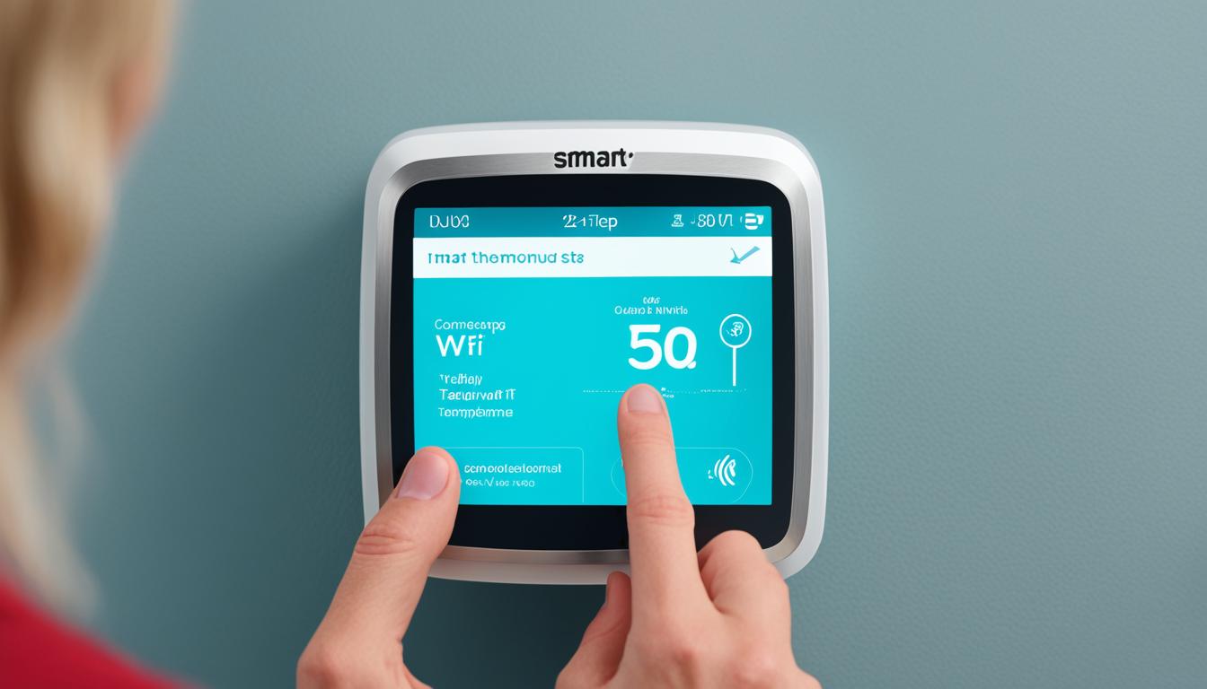 This image show a step-by-step guide for installing a smart thermostat, starting with the unboxing of the device and including tasks such as connecting it to WiFi and programming the temperature settings. Use illustrations to clearly depict each step of the process, including labeling important components and showing any necessary tools or equipment.