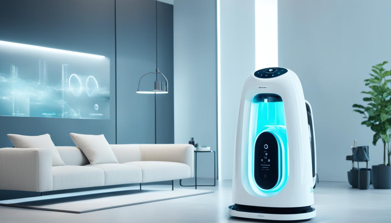 A futuristic living room with a sleek and modern design, featuring an AI-enabled fabric steamers and irons. The steamer and iron are prominently displayed on a shelf, indicating their importance in modern clothing care in India. The room have a minimalist aesthetic to emphasize the technology's cutting-edge and high-tech nature.