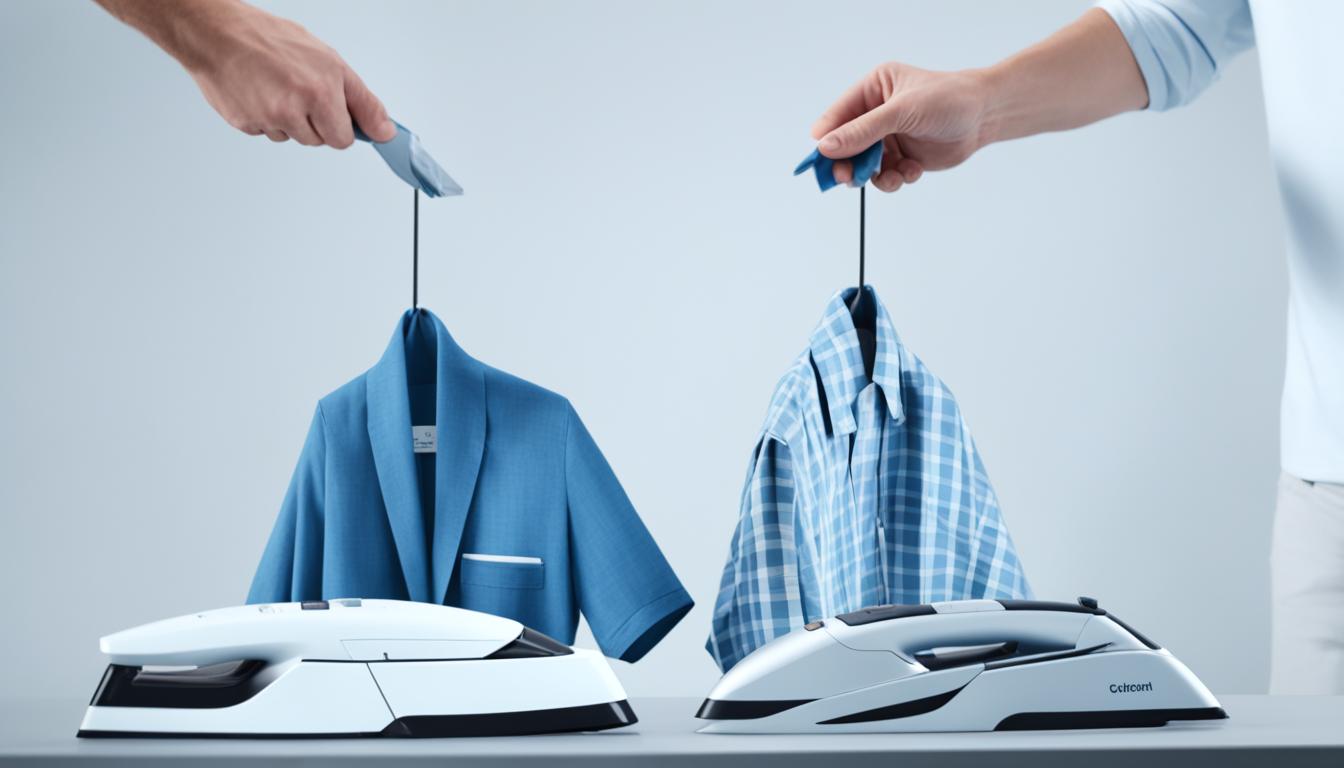 Show a split screen image of an AI iron and a traditional iron with clothes being ironed on both sides. One side of the image shows clothes being ironed with a traditional iron, while the other side shows clothes being ironed with an AI iron. The traditional iron side should have wrinkled clothes while the AI iron side should have perfectly ironed clothes. Contrasting colors set to clearly differentiate between the two sides.