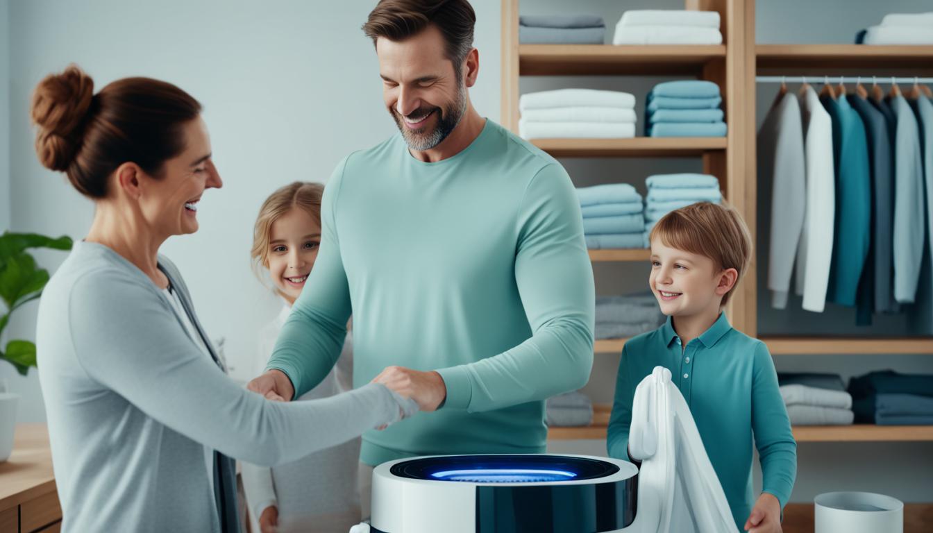 A family happily using an AI-powered fabric steamer to remove wrinkles from their clothes. The steamer is shown emitting a gentle steam, and the clothes appear smooth and wrinkle-free. In the background, there are shelves filled with neatly folded clothes, indicating the efficiency of the new technology in streamlining household chores.