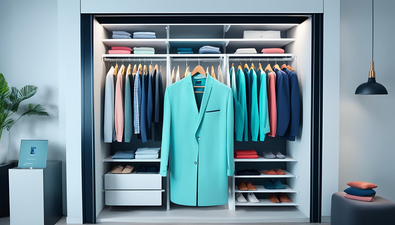 An AI smart closet in an Indian home, with neatly folded clothes and accessories arranged in a colorful and eye-catching display. The closet is seen customizing the wardrobe based on the user's preferences and style, with different outfits being suggested on a screen embedded in the closet's surface. The user stands beside the closet, looking pleased with the convenience and sophistication of the new technology.