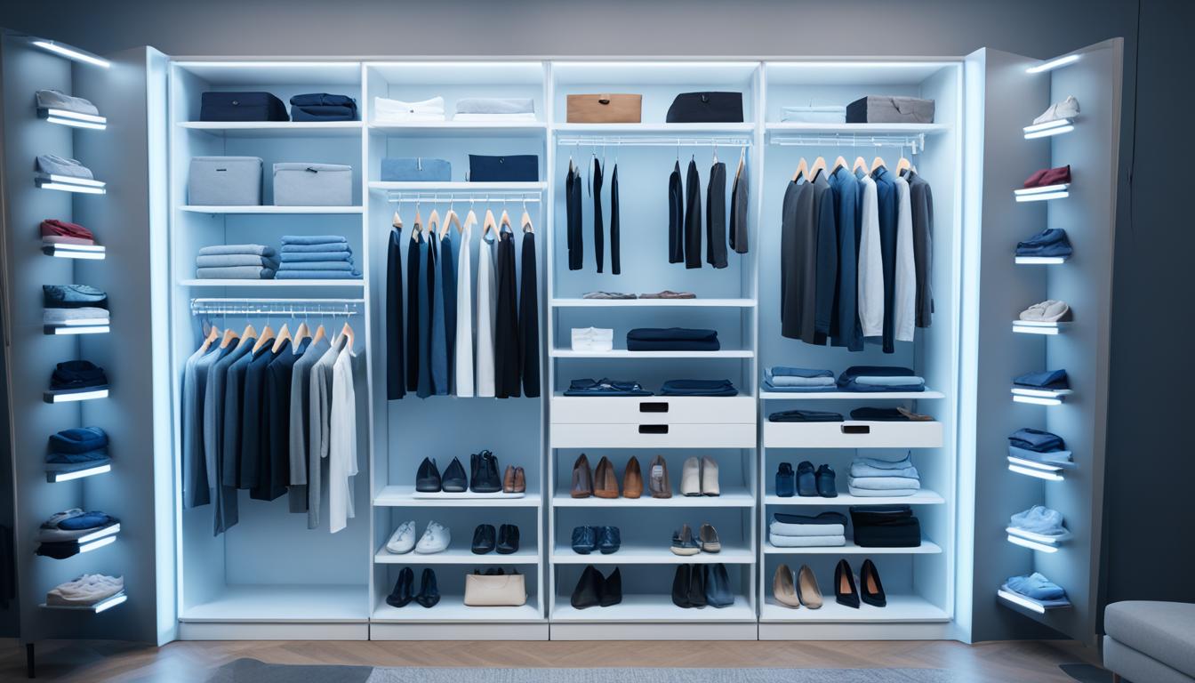 AI Smart Closets Transforming Wardrobes that shows closet system organizing a busy wardrobe. The closet is sleek and modern, with various shelves and compartments for different clothing items. The AI technology visually represented, possibly through glowing lights or futuristic design elements. The closet appear effortless and efficient, taking the stress out of organizing clothes