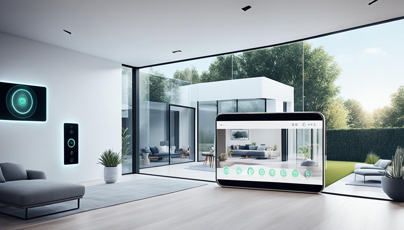 Show an image of a modern home with advanced AI-powered security systems installed. The home is styled with a futuristic feel, showcasing sleek, minimalist design and high-tech features. The image depicts different AI-powered security features, such as facial recognition cameras and sensors, smart locks, and intrusion detection systems. Give the impression that the security system is seamlessly integrated into the house, enhancing the safety and security of the residents inside. The lighting in the image is dramatic, with cool blue tones to emphasize the futuristic ambiance.