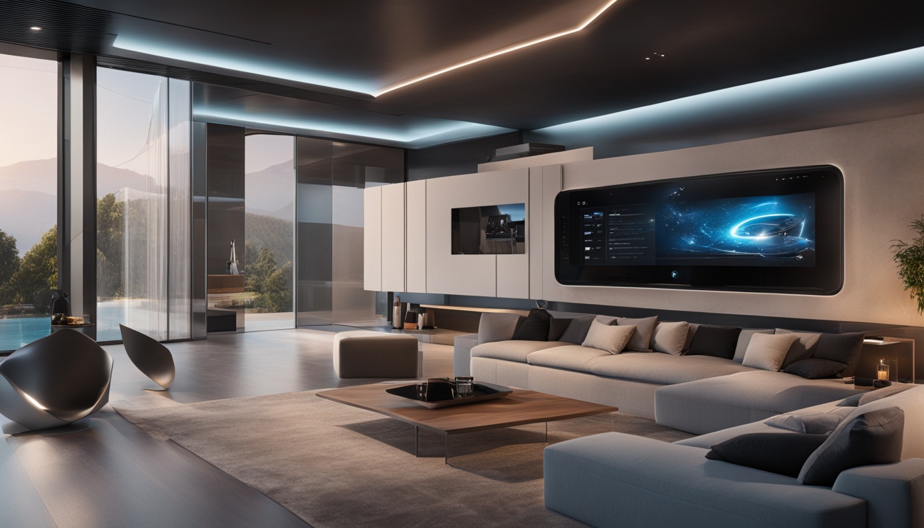 Show a futuristic home with AI-powered security systems in action. The house has multiple layers of security, including facial recognition, motion sensors, and smart locks. The image conveys a sense of safety.