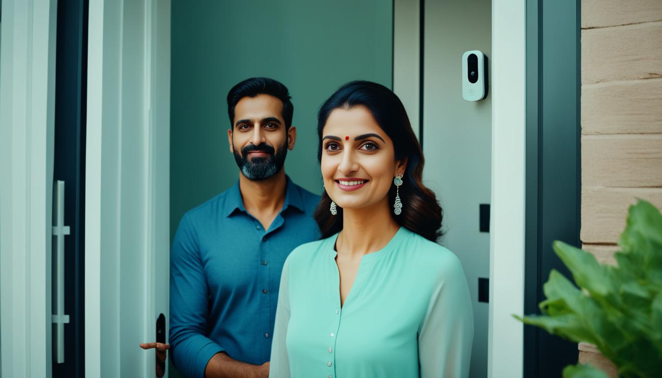 An Indian family stands outside their home, with a sleek and modern AI-enabled smart doorbell with cameras installed on the front door. The doorbell is equipped with AI technology, which can detect and recognize faces, as well as alert the family of any suspicious activity around their property. The camera lenses are wide-angle and capture clear, high-resolution footage, ensuring that the family is safe and secure at all times. The background shows a bustling street in India, highlighting how this innovative technology is helping people feel safer in a rapidly developing country.