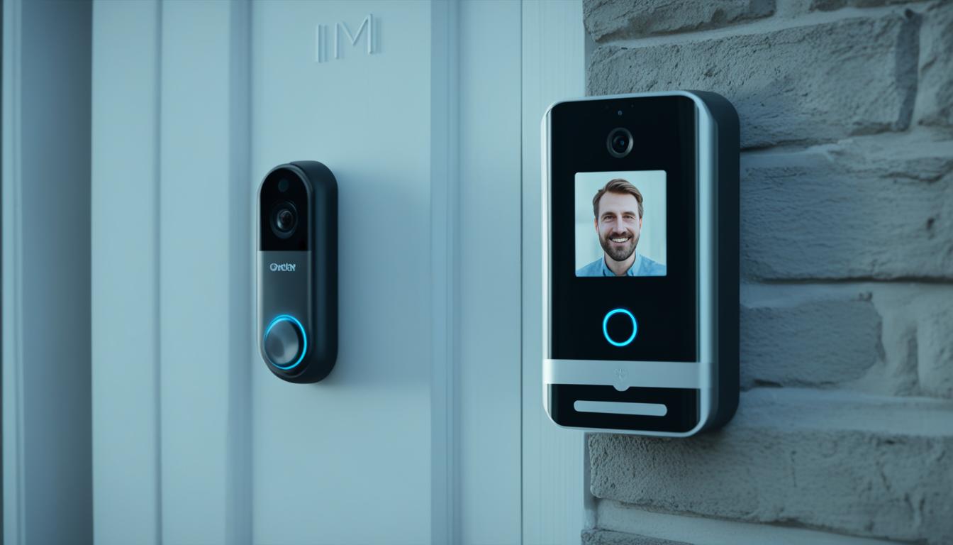 An image of an AI-powered doorbell camera shows its advanced facial recognition capabilities, with a clear view of the person at the door and their identity appearing on the screen. The camera demonstrates its ability to detect any suspicious activity in the vicinity of the house, with a warning flashing on the screen if any unusual movement is detected. Additionally, showcase how the doorbell camera can be easily integrated into a smart home system, with the ability to control the camera using a mobile app or voice commands. Finally, showcase its durability and weatherproof features, with the camera being able to withstand extreme temperatures and weather conditions.