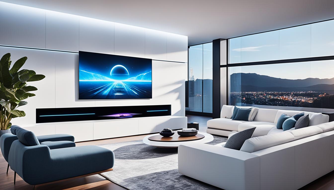 This image is on how to create a smart entertainment hub in your living room, which can transform your living room into a futuristic entertainment hub with sleek, minimalist design, immersive sound and video technology, and voice-activated controls.