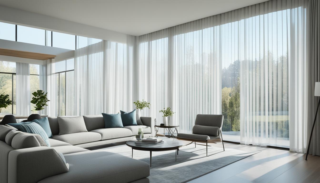 A sleek, modern living room with large windows and high ceilings. The room is filled with natural light, and the smart curtains and shades help to regulate the amount of light in the space. The curtains are a neutral color, and they have a clean, simple design that complements the room's contemporary aesthetic. The shades are motorized, and they can be controlled with a smartphone app or a voice assistant. In one corner of the room, there is a comfortable sectional sofa with plenty of pillows and blankets. A sleek coffee table sits in front of the sofa, and there is a large smart TV mounted on the wall opposite the sofa. Overall, the room feels inviting and cozy, but also high-tech and sophisticated thanks to the automated curtains and shades.