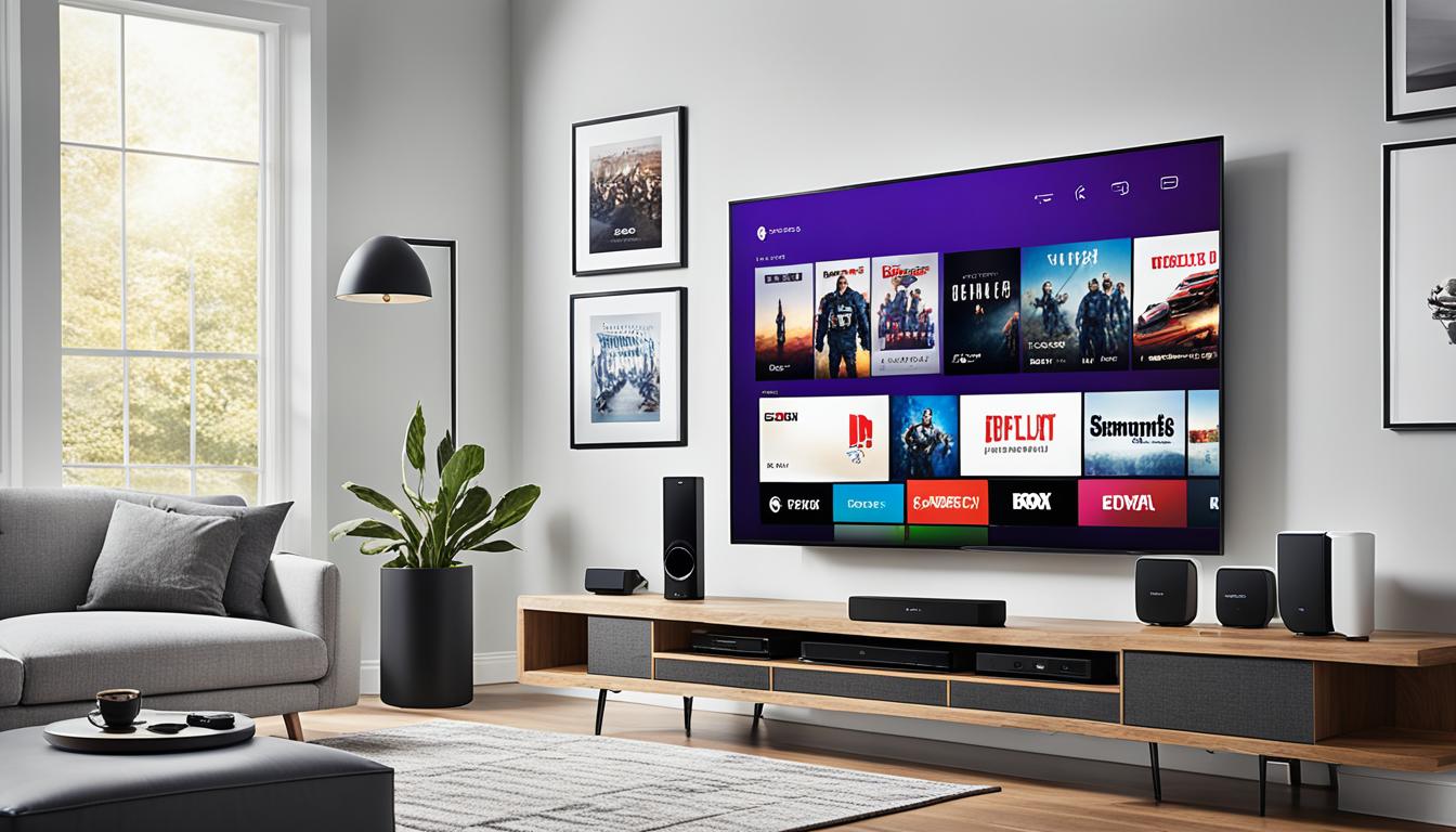 This image is a sleek, modern entertainment hub with a large flat-screen TV mounted on the wall. Surrounding the TV, include a soundbar with wireless subwoofer, a streaming device such as a Roku or Apple TV, and a gaming console like Xbox or PlayStation. On the coffee table in front of the couch, add a smart remote/control center that can manage all devices with voice commands and/or touch screen controls. Finally, incorporated smart lighting fixtures and speakers throughout the room for the ultimate immersive experience.