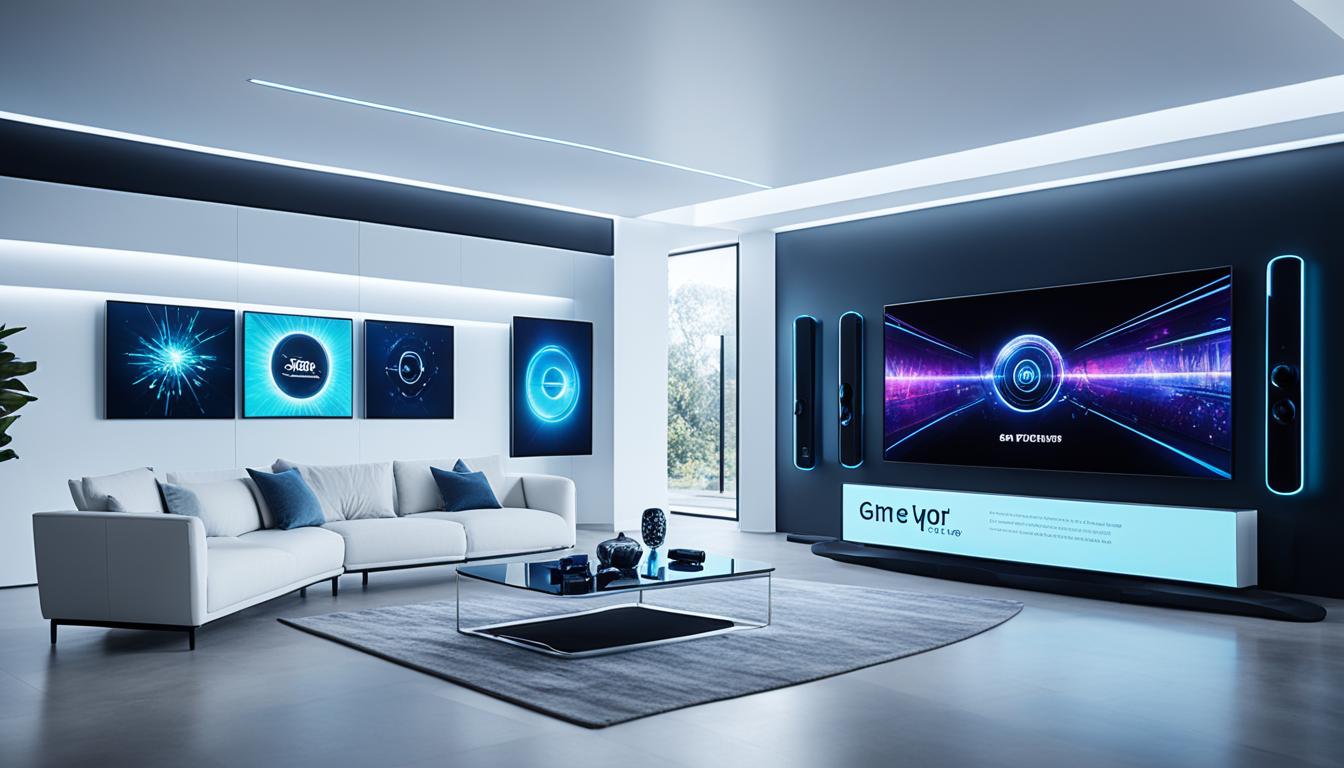 A sleek, modern living room with a massive wall-mounted TV showcasing stunning AI-generated visuals. The room is filled with various AI-powered entertainment devices, from virtual reality headsets to smart speakers and voice-activated screens. In the center of the room, a futuristic-looking AI assistant stands at attention, ready to assist with any request. The atmosphere is filled with excitement and anticipation for the limitless possibilities of AI-powered home entertainment.