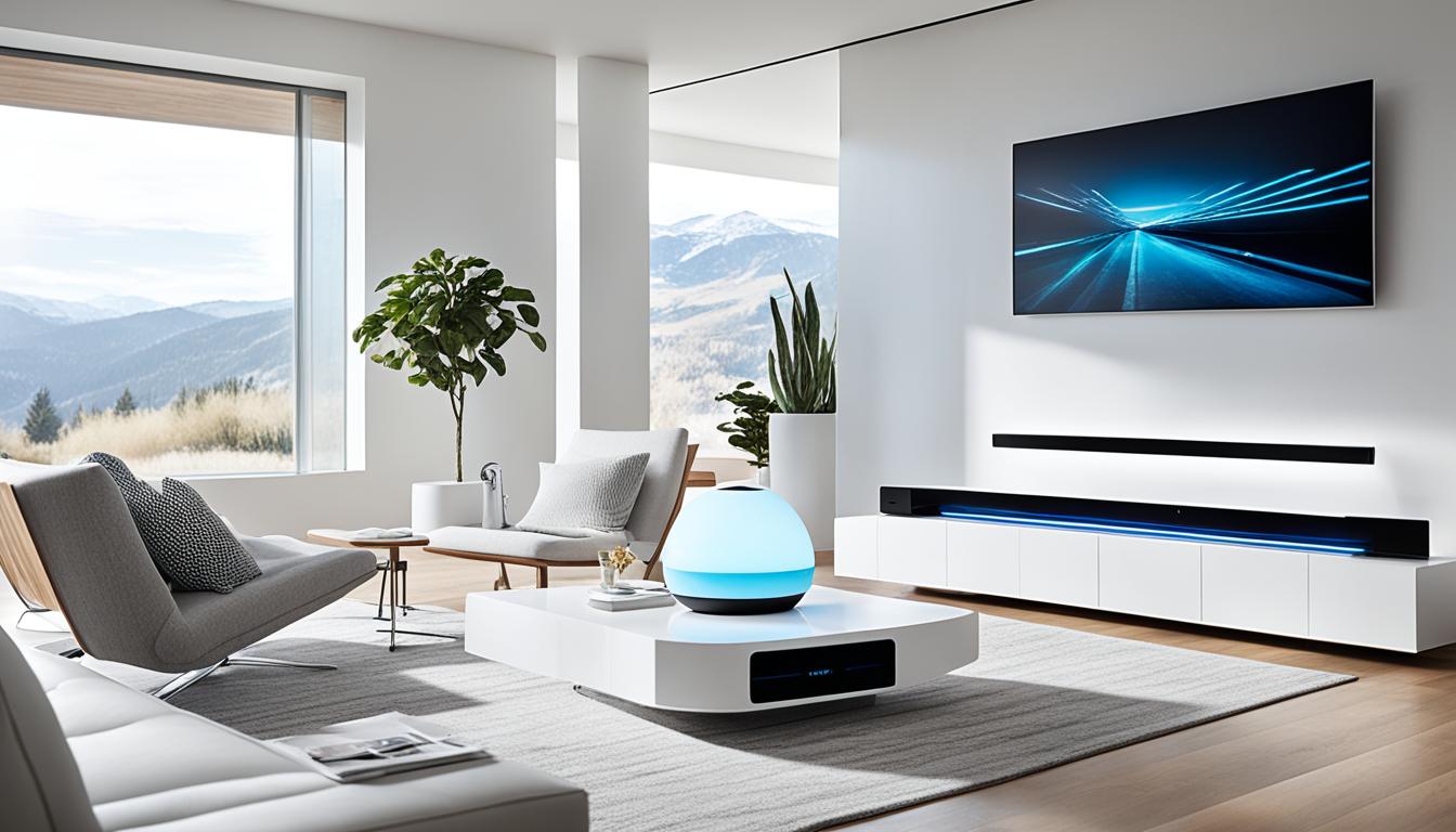 Shows a sleek image in a modern living room with a voice-controlled media player as the centerpiece. The device has a minimalistic design with smooth edges and LED lights that subtly glow when in use. The room is lit by natural light streaming in through large windows, creating a warm and inviting atmosphere. The media player sits on a minimalist table with a few other simple decor pieces scattered around, highlighting its importance in the room. The interface of the media player is visible on screen, with intuitive touch controls and colorful album covers displayed. A faint reflection of the user's face is visible on the glossy surface of the media player, indicating their enjoyment of the device.