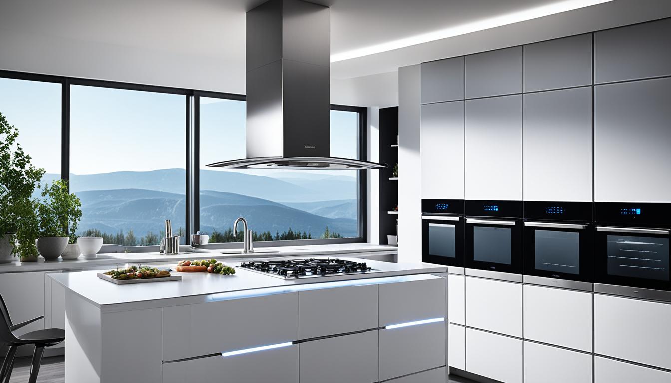 The image shown is the Best Kitchen Chimney Under 15000 with Smoke Sensor. Show a sleek, modern kitchen with a top-rated chimney hood hovering over the stove. Smoke is visible rising from the pan on the stove, but the kitchen remains clear and odor-free thanks to the effective filtration system of the chimney hood. The chimney hood has a futuristic design with LED lights and touch controls, adding to the overall aesthetic of the kitchen. The surrounding countertops and cabinets are spotless and gleaming, showcasing the efficiency and cleanliness of this smart cooking setup.