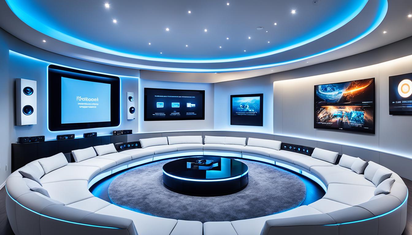 A sleek, modern living room image with a large projection screen on one wall and plush seating arranged in a semi-circle facing the screen. In the center of the room, an AI-powered home theater system is displayed, featuring multiple speakers and a sleek control panel. The system is lit with blue LED lights, giving it a futuristic feel.