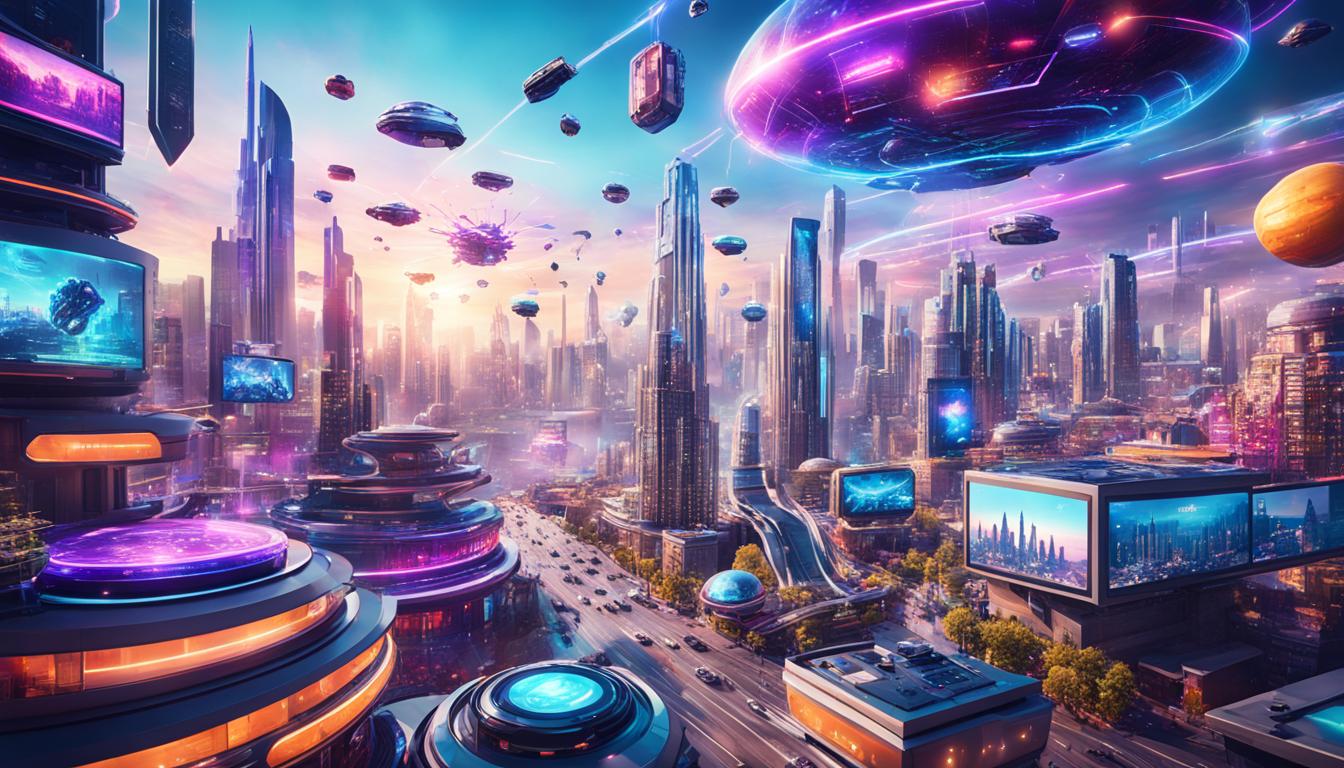 A vibrant and futuristic cityscape with various entertainment devices in the foreground, each showcasing different types of content such as movies, music, games, and books. In the background, an oversized AI-powered brain hovers above the city, sending out beams of light that connect with the devices and provide personalized content recommendations to users. The overall tone is dynamic and energetic, with a sense of excitement about the possibilities of AI-assisted content discovery.