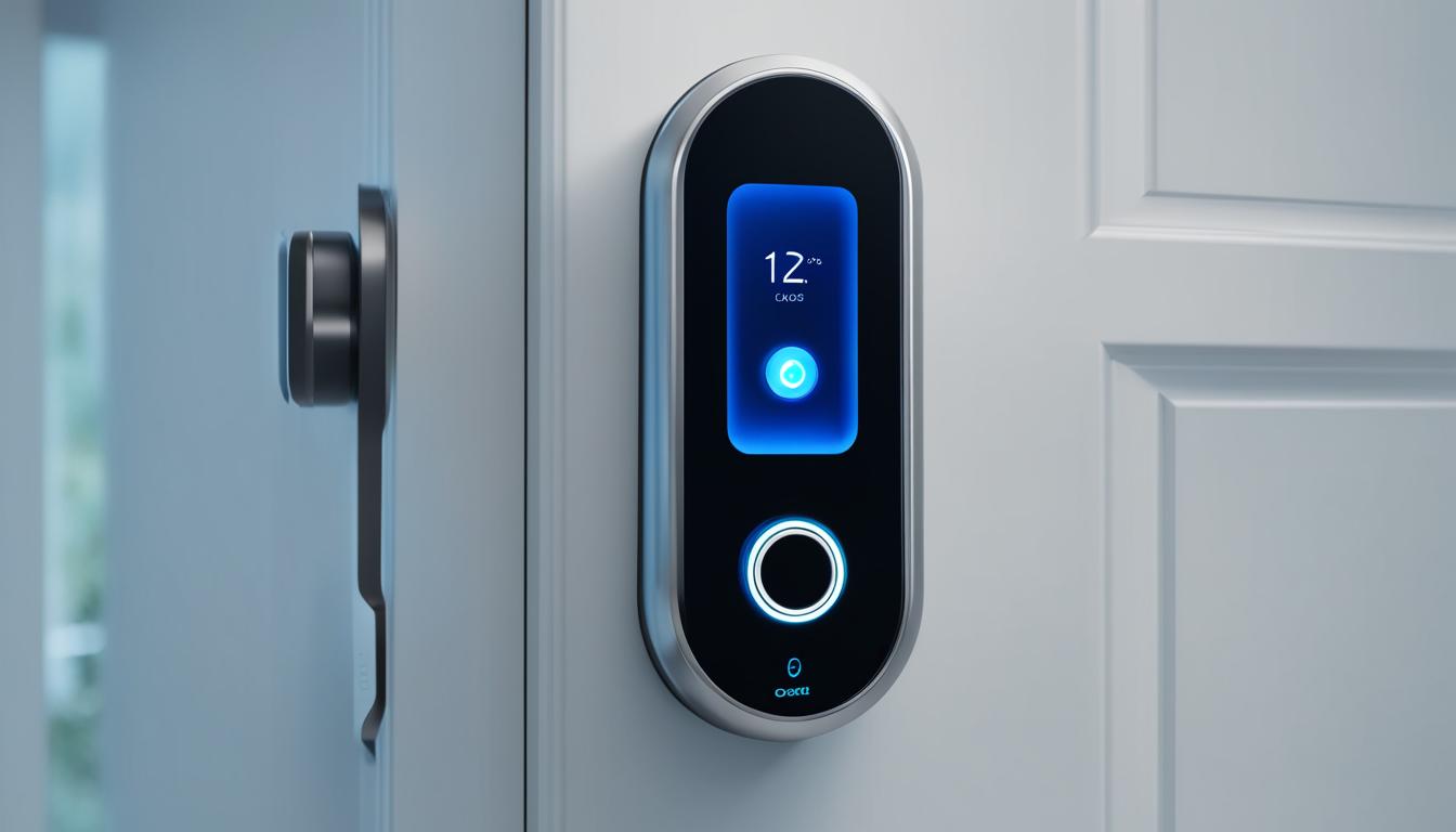 This is an image of the Golens X1Pro Smart Door Lock as the centerpiece of a modern and sleek home security setup. The lock is prominently featured, with its advanced technology highlighted through visual cues such as glowing LED lights and a futuristic design. The surrounding environment shown is clean and minimalist, with other smart home devices like security cameras and motion sensors subtly incorporated into the background. The overall aesthetic communicat's a sense of sophisticated and cutting-edge home security.