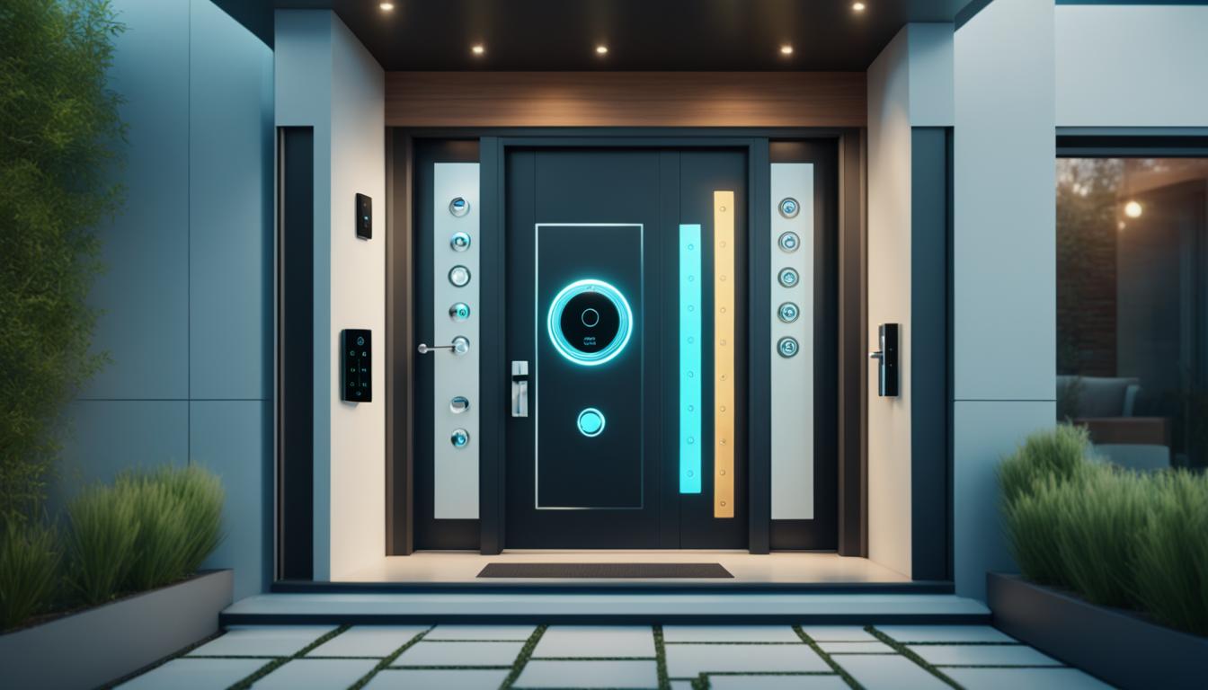 Shown a stylized front view of a modern house with 10 best smart door locks in Indiafeatured on the door. Each lock is highlighted with a distinct color, shape or pattern to differentiate them from one another. The locks gives the impression that they are technologically advanced, with features such as fingerprint scanning, voice recognition or wireless connectivity. The background is a subtle abstract pattern to complement the futuristic theme.