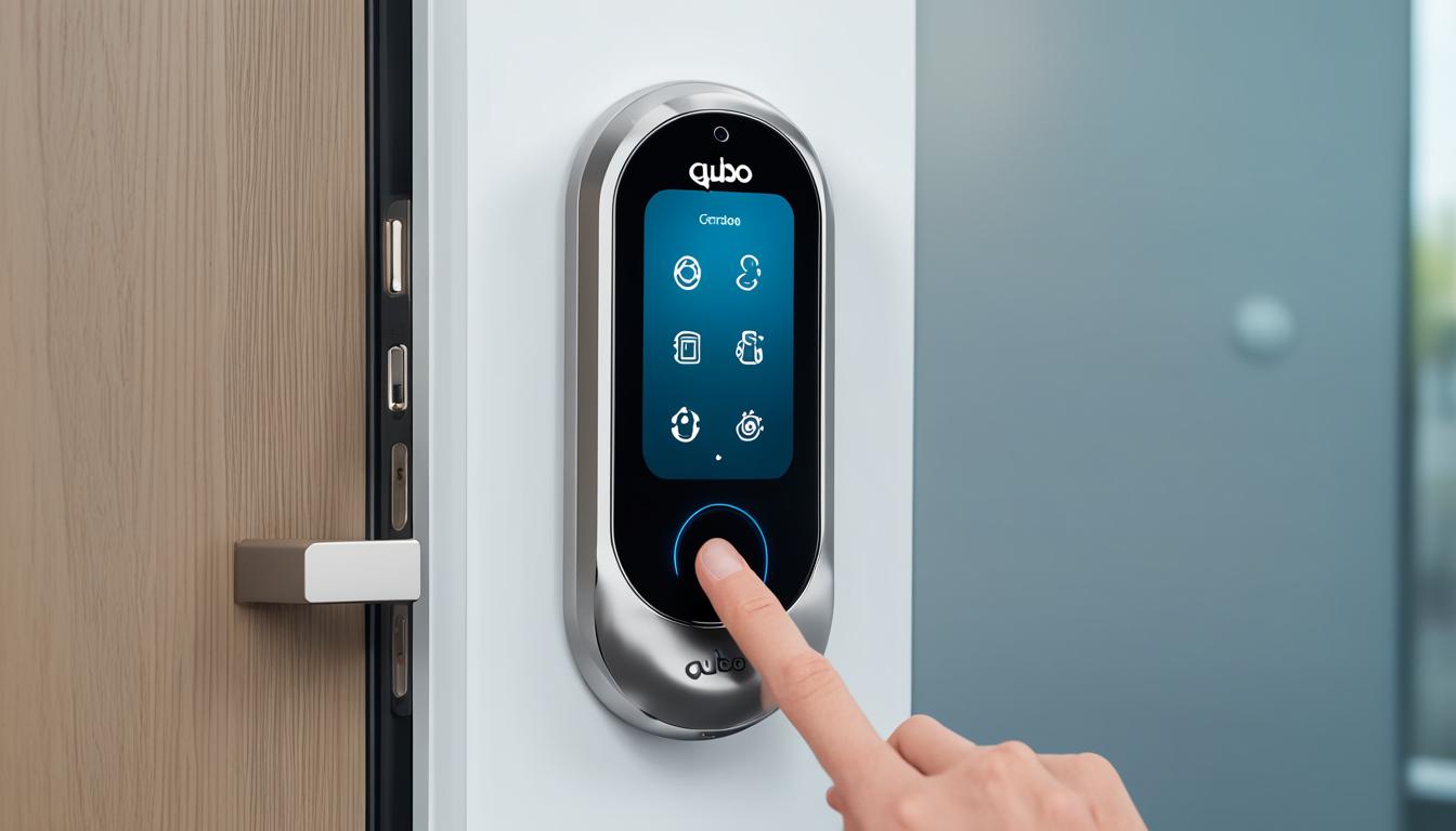 This is an image of the QUBO Smart Door Lock installed on a modern front door, highlighting its sleek design and advanced technology. Shown the lock in action, with a hand reaching to unlock it via the keypad or mobile app. Surround the door with security features such as cameras, motion detectors, and smart lights to showcase how the QUBO lock integrates with a comprehensive home security system. Used a color scheme that evokes a sense of safety and sophistication, such as metallic silver and deep blue.