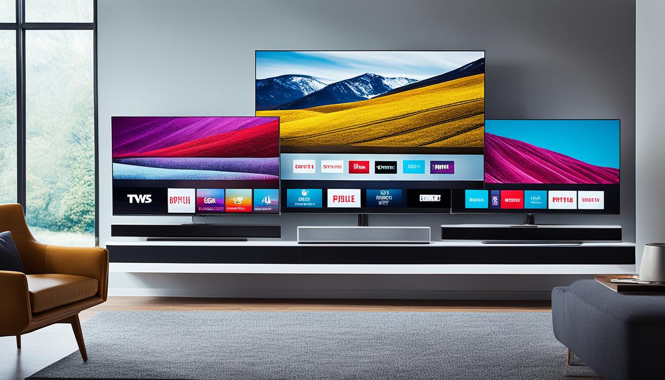 A group of five sleek and modern Smart TVs lined up on a shelf in the image titled Best Smart TV Under 10000, each displaying a different vibrant and high-quality image. The TVs are set against a backdrop of a cozy living room with comfortable furniture, a fluffy rug, and soft lighting. The overall atmosphere of the room is warm and inviting, making the TVs look like the perfect addition to any home.