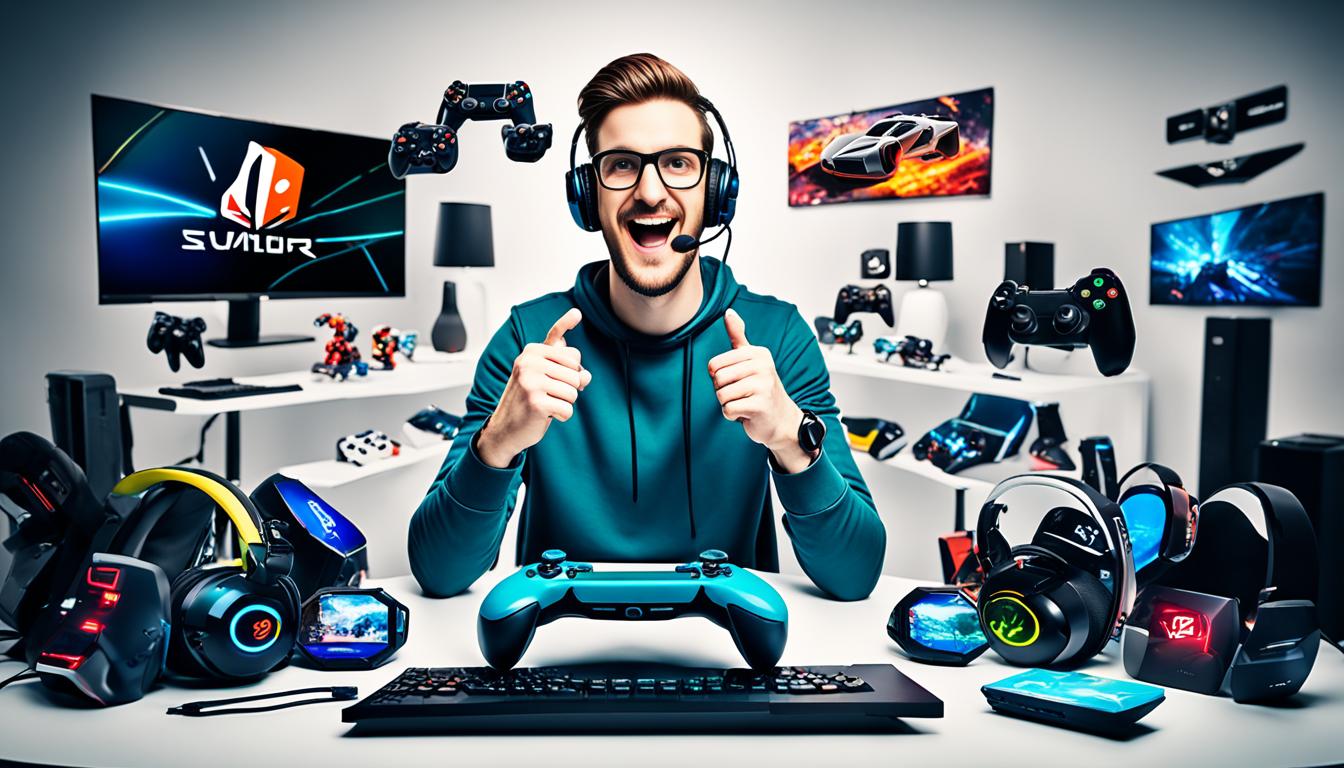 Created an image of a gamer holding a console with a price tag of 5000, surrounded by various gaming accessories and peripherals. The console is prominently featured and have a sleek design that conveys its high quality and advanced technology. The gamer looks enthusiastic and engaged, with a sense of excitement and anticipation for the immersive gaming experience ahead. The accessories and peripherals is arranged in an organized but visually dynamic way, showing off the range of options and features available for enhancing the gaming experience. The overall aesthetic of the image best gaming console under 5000 remains modern and sleek, with clean lines and bold colors that convey a sense of cutting-edge innovation and sophistication.