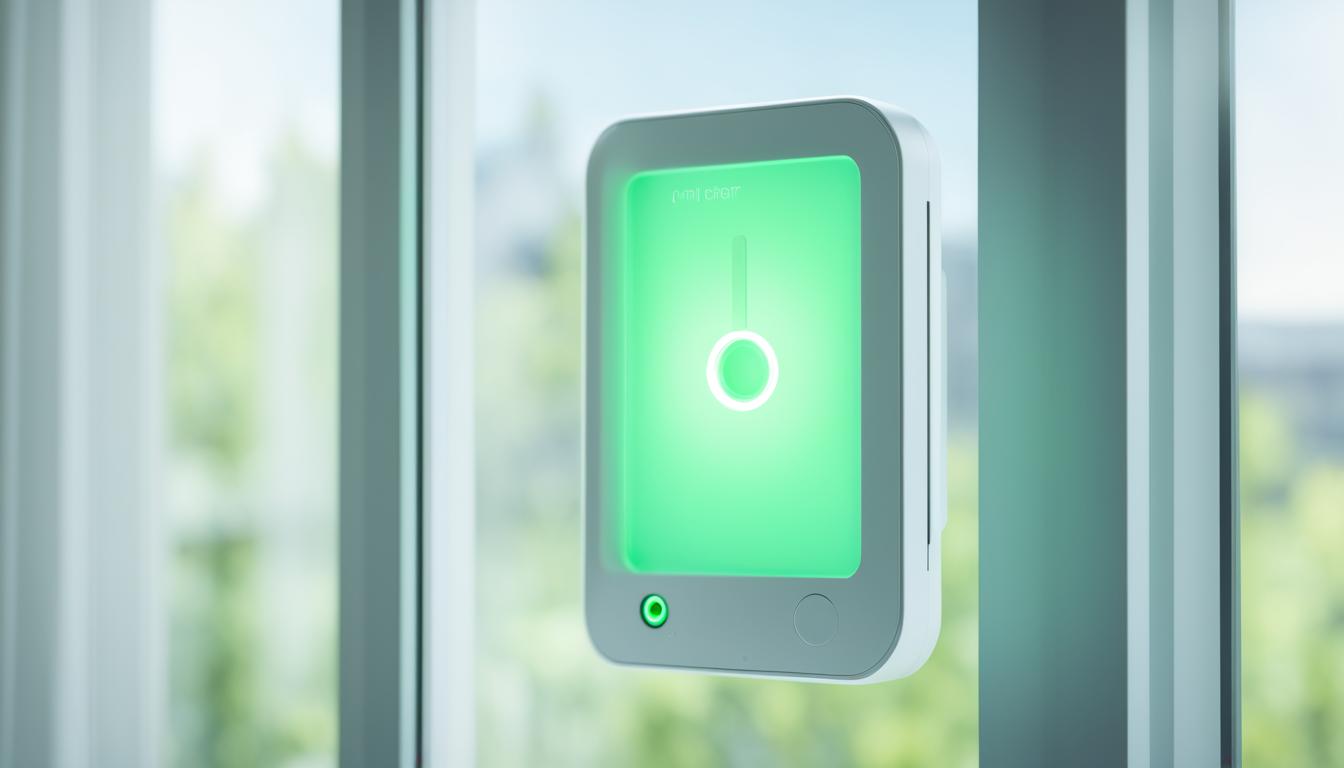 The image of best smart window and door sensors shows a close-up view of a sleek, modern smart window sensor attached to a window frame with a green light indicating that it is active. The sensor is surrounded by a residential interior space with sunlight streaming in through the window, emphasizing the device's ability to provide efficient energy management.