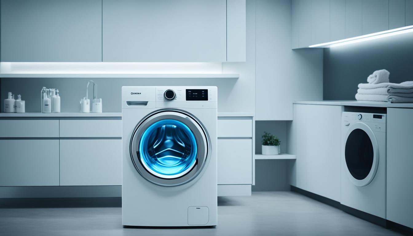 An best AI washing machine sitting in a modern, minimalistic laundry room with a soft glow emanating from its digital display.