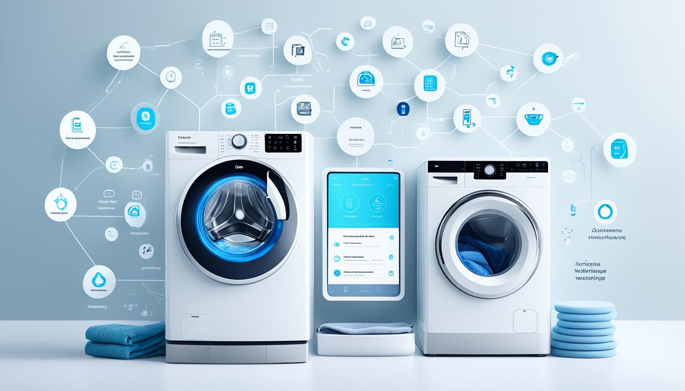 "An AI-powered washing machine, depicted as a sleek and modern appliance with advanced digital controls, surrounded by icons representing its intelligent features such as sensor technology, self-diagnosis, energy-saving mode, water recycling, and voice command."