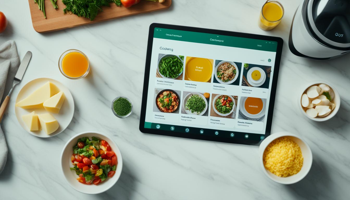 AI Cooking Assistant image an overhead view of a kitchen countertop with various ingredients, utensils and cooking equipment scattered about. In the center of the frame, a sleek and modern AI cooking assistant is seen on a tablet or phone screen, with a meal plan displayed for the week ahead. The colors are bright and inviting, with a warm and cozy atmosphere in the background.