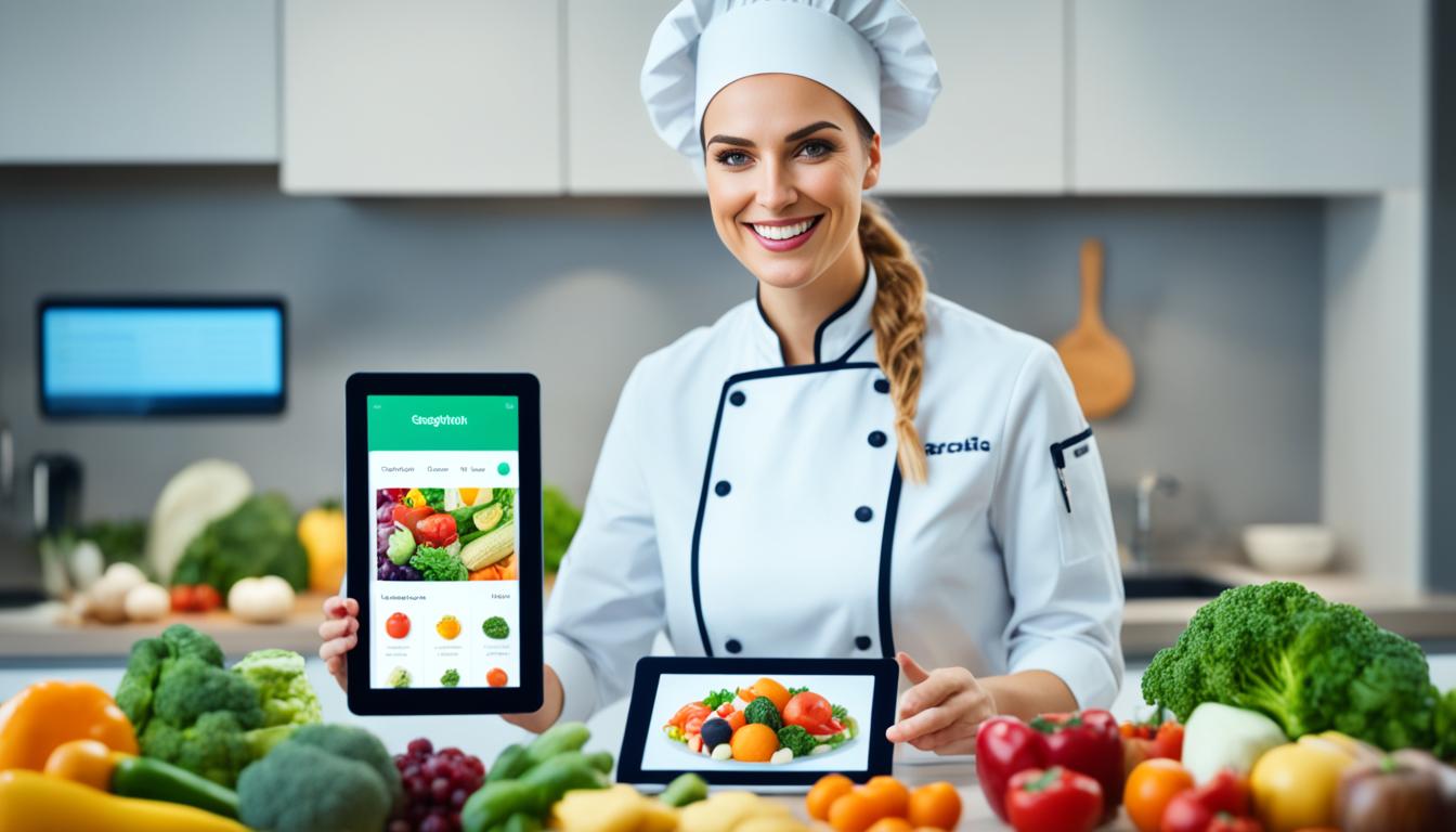 An AI assistant in a chef hat holding a tablet with food ingredients on the screen, while surrounded by various cooking utensils and ingredients. The AI assistant is smiling and appears to be helping the user customize their meal plan for the week. Brightly colored fruits and vegetables are displayed on the screen, hinting at the freshness and variety of the suggested meals.