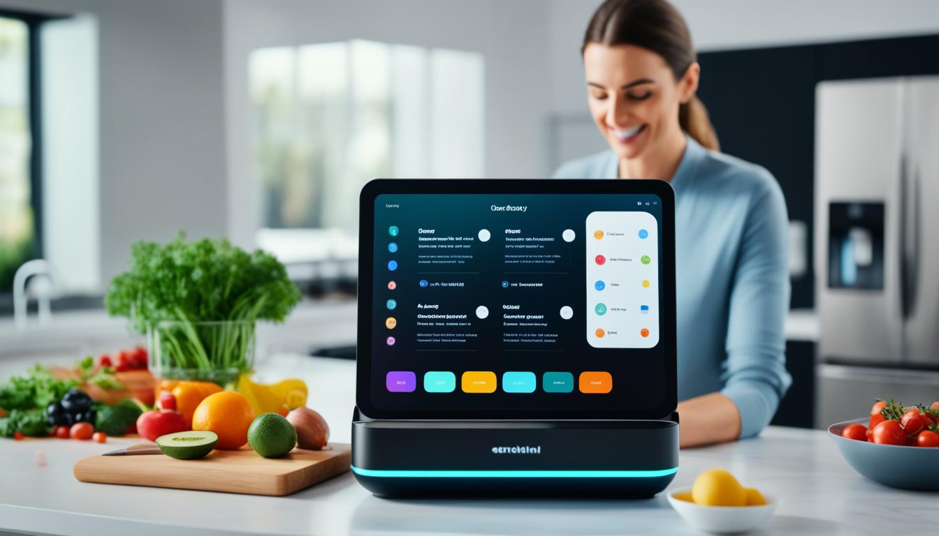 A futuristic kitchen counter with a sleek, black AI meal planning assistant sitting on one edge. The assistant has a friendly display screen with colorful, intuitive icons that the user can interact with. In the background, various fresh ingredients are arranged in neat stacks, ready to be used for cooking. The overall ambiance is clean, modern, and efficient, with a hint of warmth and hospitality.