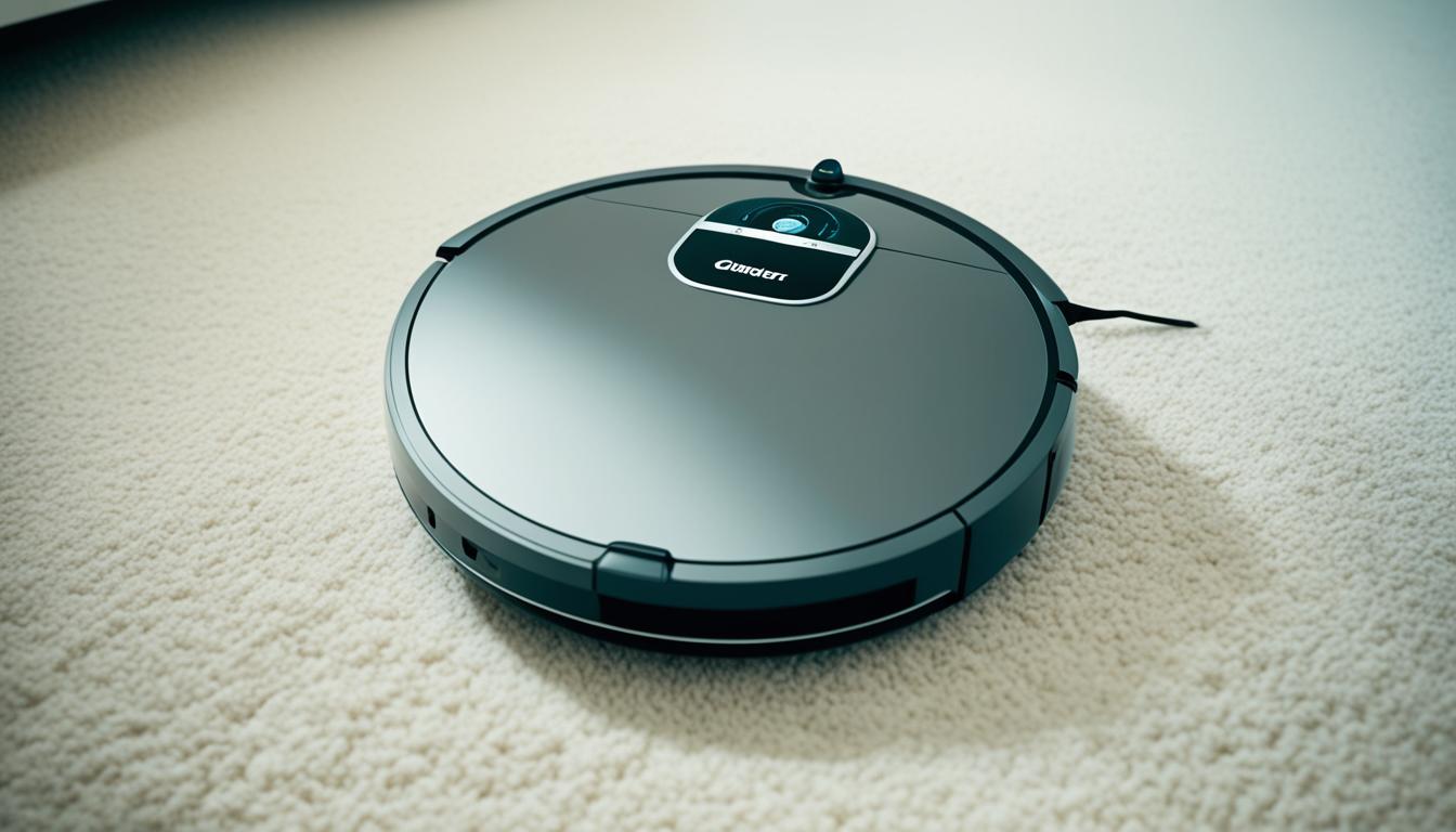 An image of the best robot vacuum cleaners show a sleek and modern robot vacuum gliding effortlessly over a plush carpet, leaving behind a perfectly clean trail. Bright lights on the front of the device signal it's in action, while its compact size allows it to easily maneuver around furniture and corners. In the background, a room filled with sunlight and bright colors suggests a happy and clean home environment.