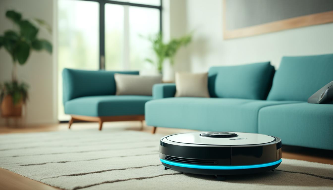 A robot vacuum cleaner navigates around Indian-style furniture and decor in a living room.