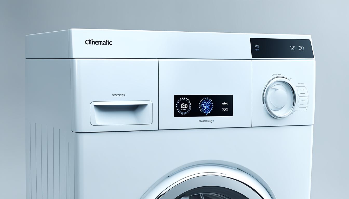 A sleek, modern washing machine with a digital display and AI technology. The display shows different wash cycles and the amount of detergent needed based on the weight of the load. A small camera on the machine detects the type of clothing being washed and adjusts the settings accordingly. The AI technology also predicts when maintenance is needed and sends notifications to the user's phone. The washing machine is set against a minimalist backdrop, highlighting its futuristic features.