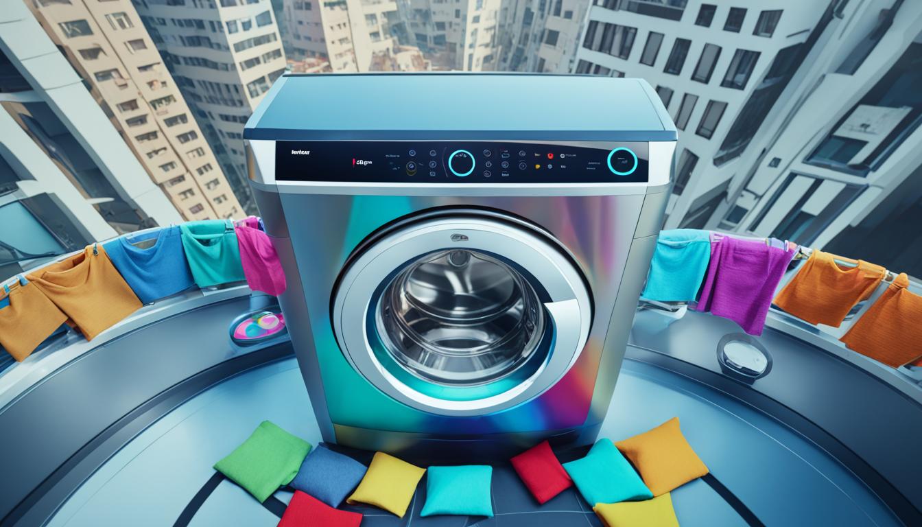 A top-down view of a modern Indian apartment with an AI washing machines in the center, surrounded by colorful laundry baskets filled with clothes of different colors and patterns. The machine is sleek and futuristic-looking, with a large touchscreen interface on the front displaying various wash cycles and options. In the background, through the window, bustling city streets can be seen, indicating how this technology is helping busy urban dwellers save time and energy.