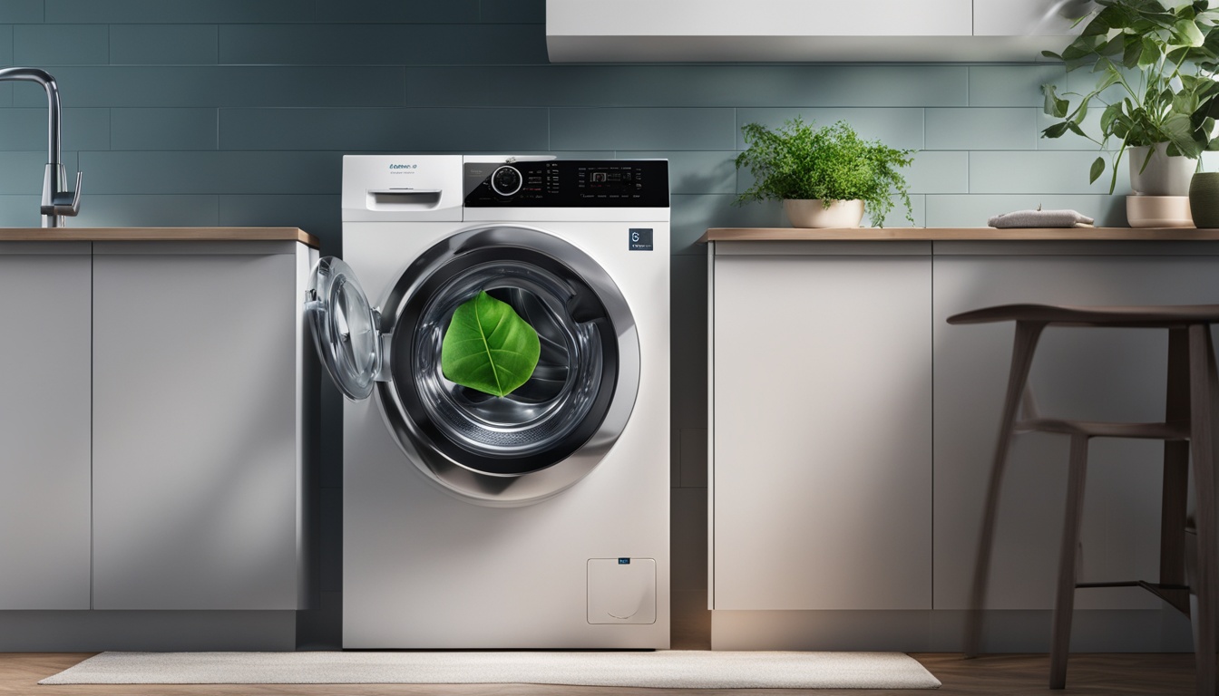 A sleek and modern AI washing machines displaying its energy efficiency rating with a green leaf symbol, along with a digital display showing the remaining time for the wash cycle. The machine is equipped with sensors that detect the weight of the load and adjust the amount of water and detergent needed accordingly. The door of the washer is transparent, allowing a glimpse of the clothes being washed inside while a soft blue light illuminates the interior. A hand reaching out to touch the edge of the washing machine, indicating how easy it is to operate.