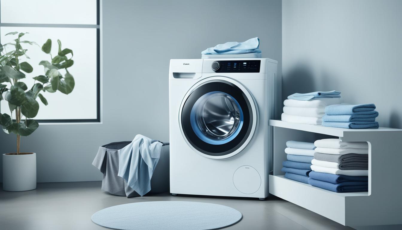 The image of Best AI Laundry and Cleaning Appliances shows a sleek and modern washing machine with a digital display, featuring AI technology that predicts and adjusts the wash cycle based on the type of fabric and level of dirtiness. The machine is surrounded by sparkling clean clothes and linens, all neatly folded and stacked. In the background, an AI-powered robotic vacuum cleaner can be seen gliding effortlessly across a pristine hardwood floor.