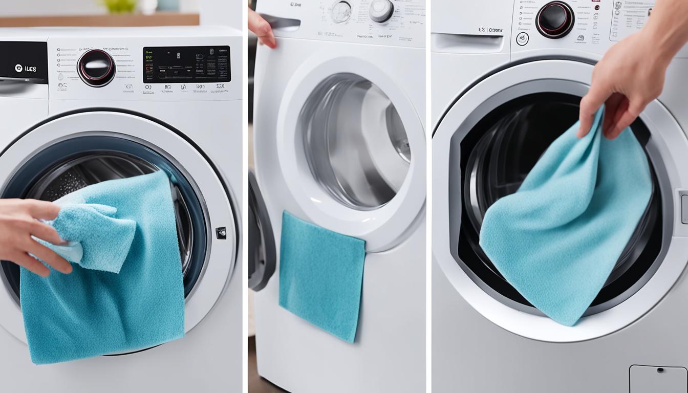 1. A close-up of the LG washing machine drum being wiped clean with a microfiber cloth. 2. An image of a person pouring a cup of white vinegar into the detergent dispenser of the washing machine. 3. A photo of a person removing the lint filter from the washing machine and cleaning it. 4. An image of someone inspecting the water inlet hoses for any signs of wear or damage. 5. A photo of someone using a toothbrush to clean the door seal of the washing machine.