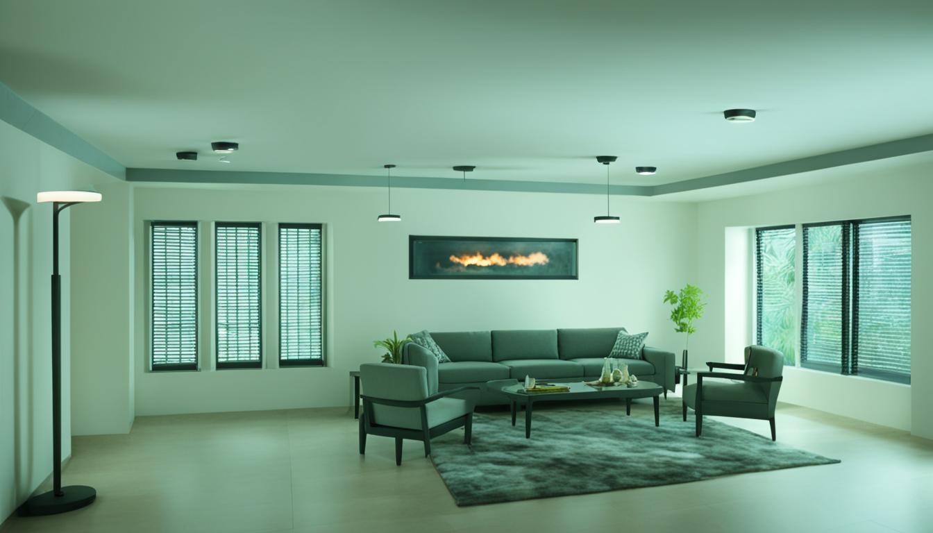 Show a room in an Indian home with a smoke detector placed on the ceiling, visible from all angles. The placement is that of clear and easily identifiable, but not obstructive. The room is well-lit with natural light and have a few pieces of furniture. The smoke detector is blended in with the surroundings, while still being noticeable. The image suggest safety and security.