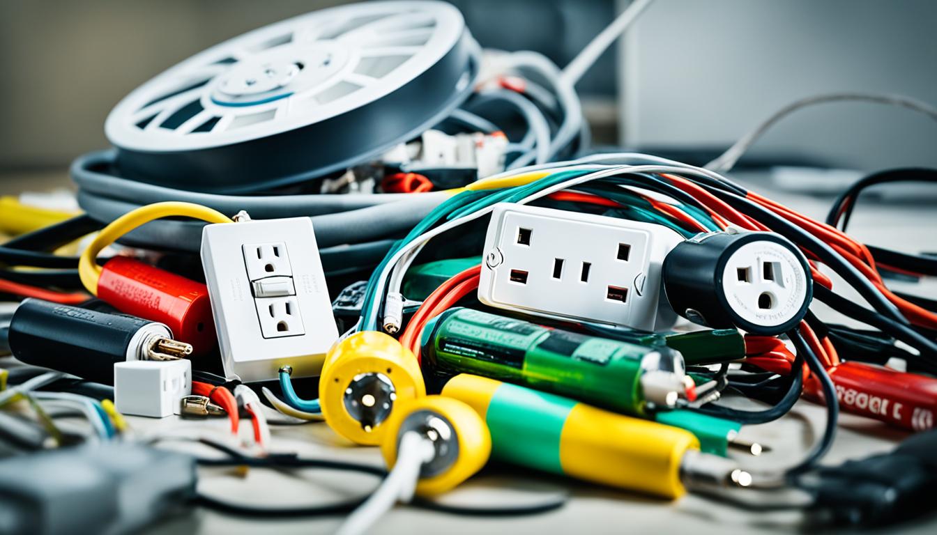 An assortment of different batteries and power cords scattered around a smoke detector, with various shelectrical outlets and sockets in the background. The colors of the batteries is vivid and eye-catching, while the cords are tangled in a disorganized manner. The focus is on smoke detector itself, which will be prominently featured in the center of the image. There is a sense of urgency and importance conveyed through the photo, encouraging homeowners to take charge of their safety by ensuring their smoke detectors are properly powered.