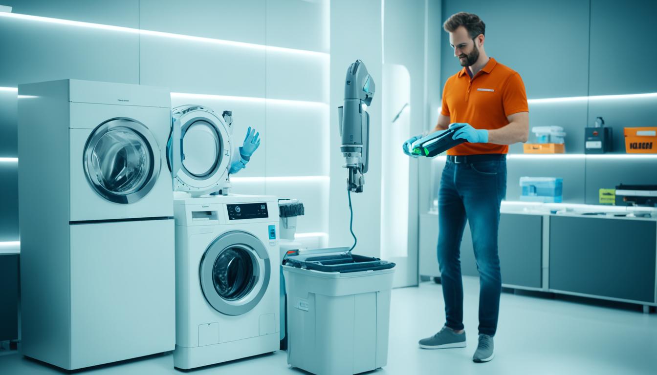 An AI washing machine being serviced by a robotic arm, while a person stands nearby with a toolbox. The room is well-lit and clean, with shelves stocked with cleaning supplies and spare parts in the background.