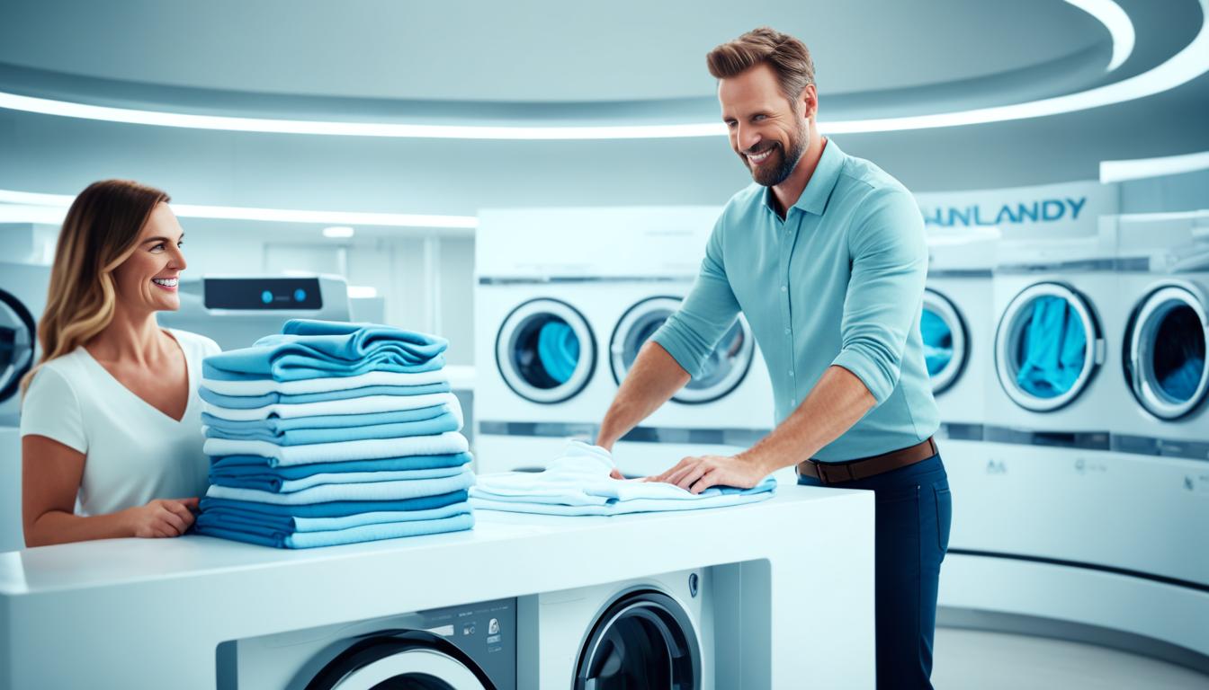 Show a family standing in front of a futuristic laundry folding machine, with piles of freshly laundered clothes neatly stacked beside the machine. The machine looks sleek and modern, with a digital display screen showcasing various folding options. The family members apears happy and relieved, with big smiles on their faces as they marvel at their newfound laundry automation. The background looks clean and tidy laundry room, with shelves full of detergent and cleaning supplies.