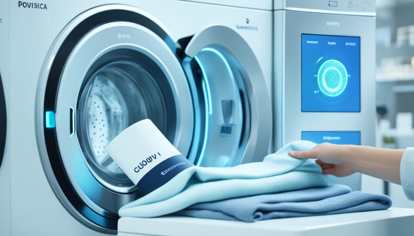 A robotic arm neatly placing clothes inside an AI washing machine, while a person lounges nearby reading a book. The machine's display screen shows various wash cycle options, including "smart sensing" and "energy efficient." A soft glow emanates from the machine, indicating its efficiency and advanced technology.