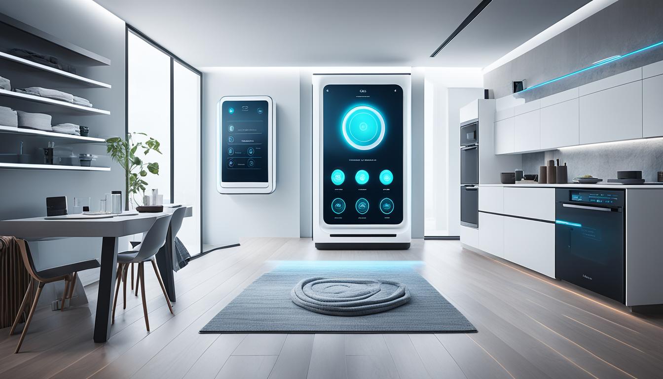 A sleek and modern era home automation system with AI-controlled laundry and cleaning appliances seamlessly integrated into the design. The appliances are shown working together in harmony, with the user able to monitor and control them remotely through their smartphone or tablet. The AI technology is represented through subtle lighting effects and futuristic design elements. The image convey a sense of ease and convenience, highlighting how these appliances can make life simpler and more efficient for busy homeowners.