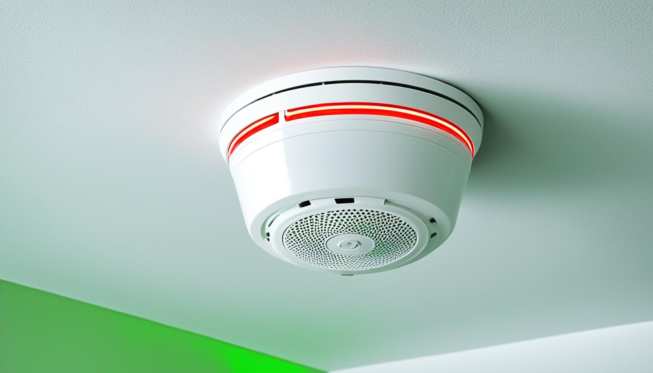 Display in the image is a sleek, modern smoke detector fire alarm system mounted on a white ceiling with a green LED light indicating its active status. Show it detecting smoke with red LED lights flashing and sounding an alarm. The background looks blurred to emphasize the alarm system's importance in protecting homes from fires in India.