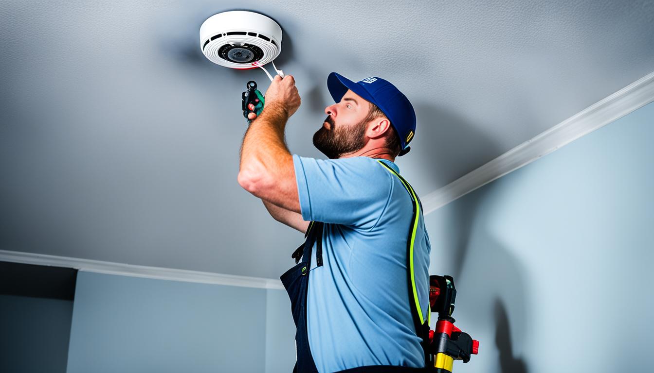 A smoke detector being installed on a ceiling by a professional electrician with a ladder and drill. The room is filled with smoke to simulate a fire test. The electrician is checking the battery and testing the alarm function of the smoke detector.