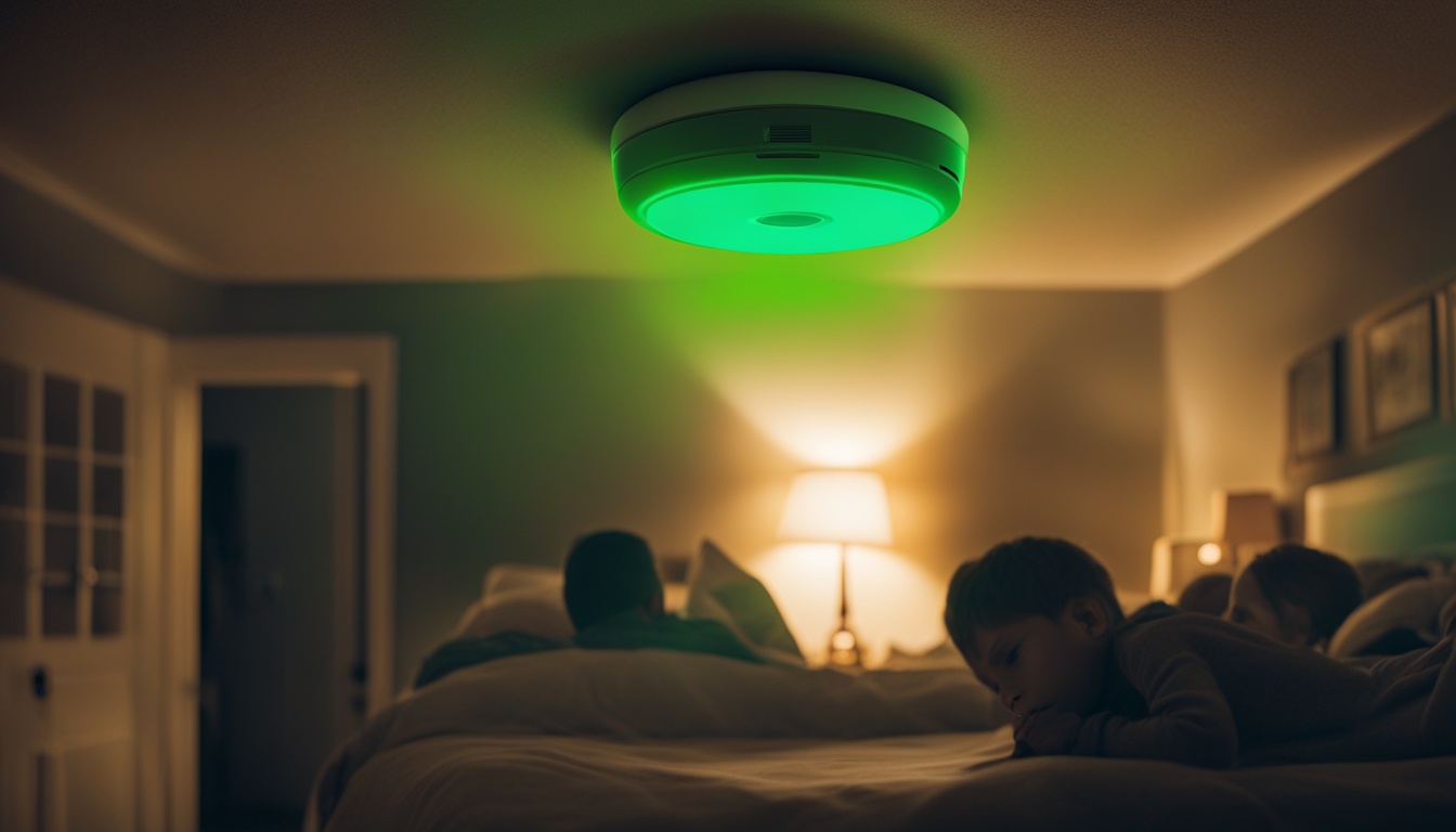 A smoke detector mounted on a ceiling with a glowing green light indicating it's functioning properly. The background is a blurry silhouette of a family sleeping soundly in their beds, safe and secure thanks to the smoke detector's early warning system.