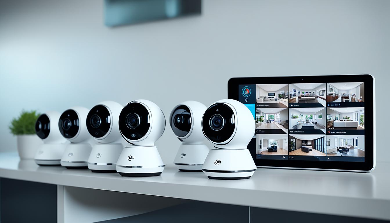 A group of best WiFi security cameras with motion detection, positioned strategically around a modern house. Each camera is sleek and compact, with smooth lines and a glossy finish. Some are mounted on walls, while others are placed on tabletops or bookshelves. The cameras are all connected to a central hub, which displays live footage from each one on a large screen. The hub has a sleek, minimalist design, with a touch-sensitive interface and glowing indicator lights. In the background, the windows of the house offer a view of the surrounding neighborhood, which is peaceful and suburban.