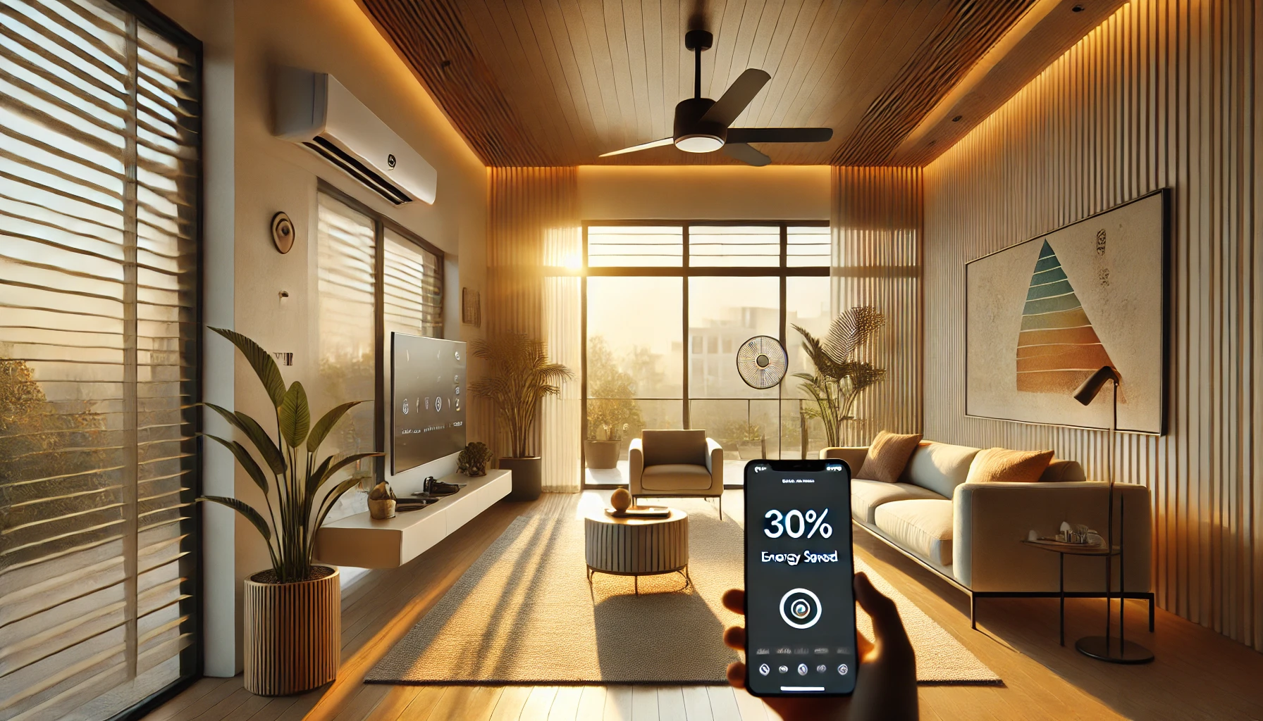 Minimalist Indian living room featuring Intelligent Home Climate Control with a sleek smart AC seamlessly integrated into the wall. Large floor-to-ceiling windows with automated blinds adjust dynamically to golden-hour sunlight. A smartphone in the foreground displays a temperature control app with a '30% Energy Saved' notification. The room is enhanced with potted plants, a contemporary ceiling fan with IoT sensors, and a warm, modern yet culturally rich ambiance.